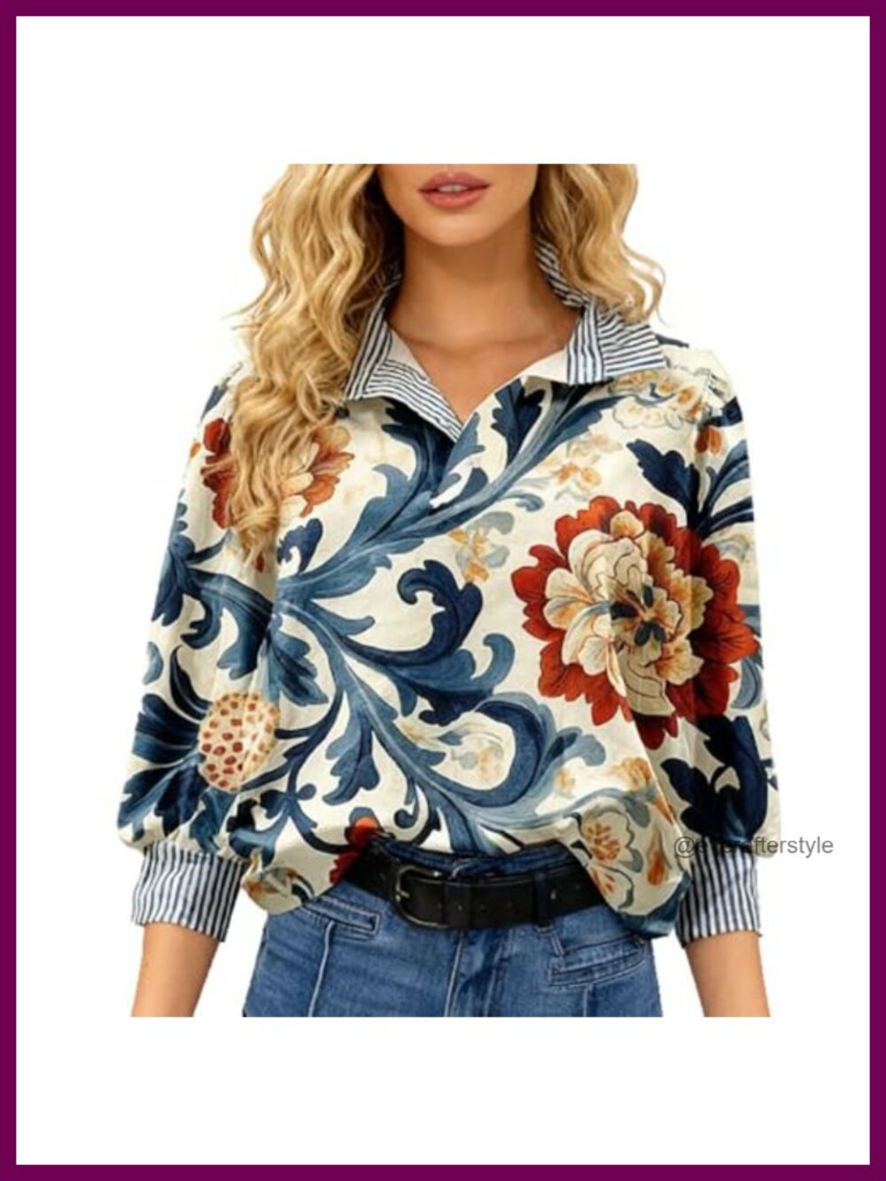 Floral Print Blouse with Striped Collar and Puff Sleeves